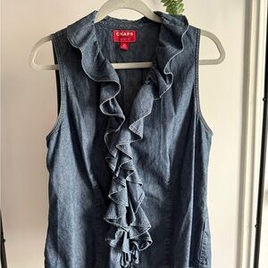 CHAPS Denim Ruffle Sleeveless Tank Blouse Womens size 14 Western 90s Y2K